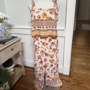 Good Luck Gem 2 Piece Set Floral Print Tank Wide Leg Pants Women's M Linen Blend